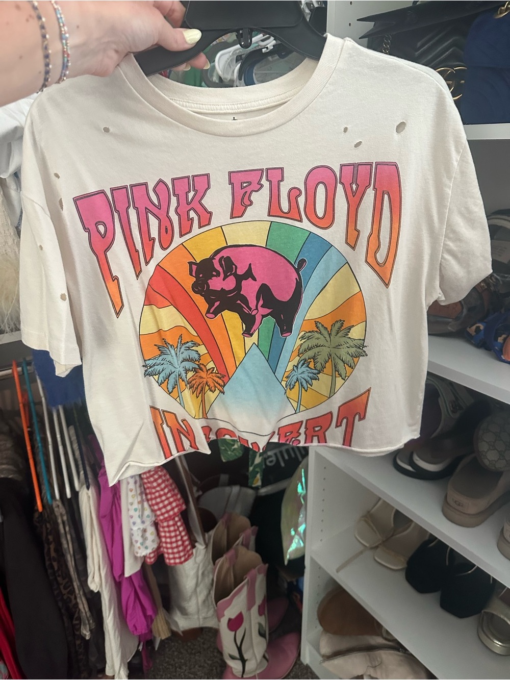 Pink Floyd White Crop Tee with Multicolor Retro Graphic